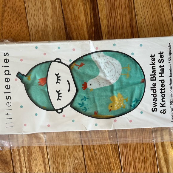 Little Sleepies Teal Knotted Hat with Chicken Print